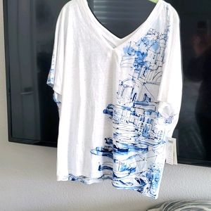 NEW Chico's Sailboat V-Neck Tee ( blue & white)